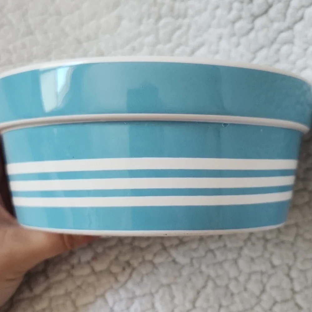 Winifred & Lily Dog Eat Food Bowl Retro Blue And White Striped Bowl With Bone